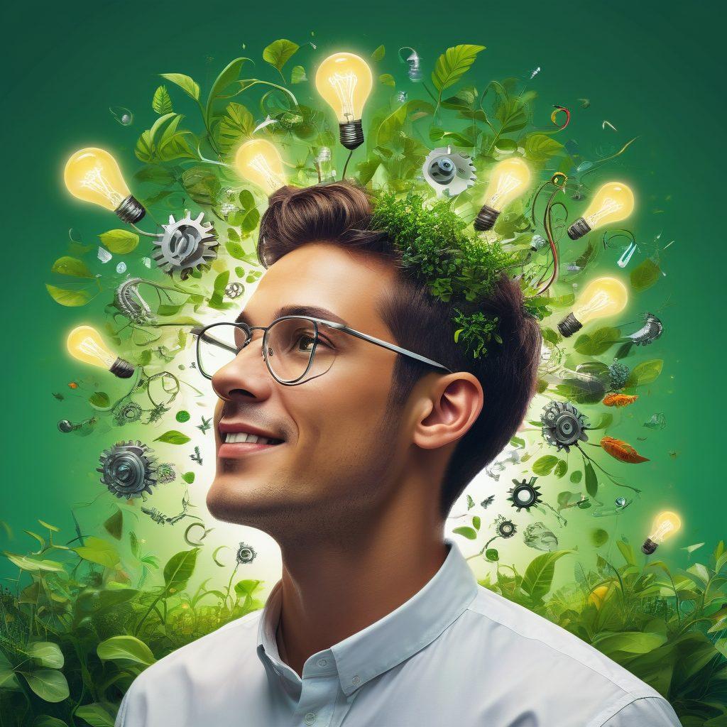 A colorful illustration of a person joyfully brainstorming innovative ideas amidst a burst of creative elements like light bulbs, gears, and plants representing growth. Include a bright and vibrant background with abstract shapes and a cheerful atmosphere reflecting inspiration and positivity. super-realistic. vibrant colors. white background.