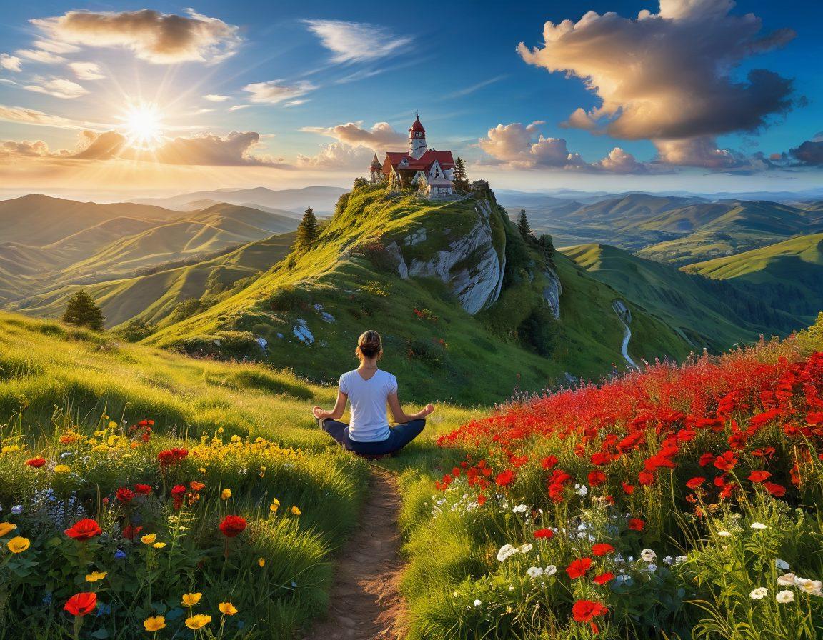A serene landscape featuring a person meditating atop a vibrant hill, surrounded by colorful flowers and sunlight breaking through fluffy clouds, symbolizing inner peace and joy. Include elements of innovation like lightbulbs and gears subtly integrated in the scenery, representing creative solutions to happiness. The atmosphere should feel uplifting and inspiring. vibrant colors. super-realistic.