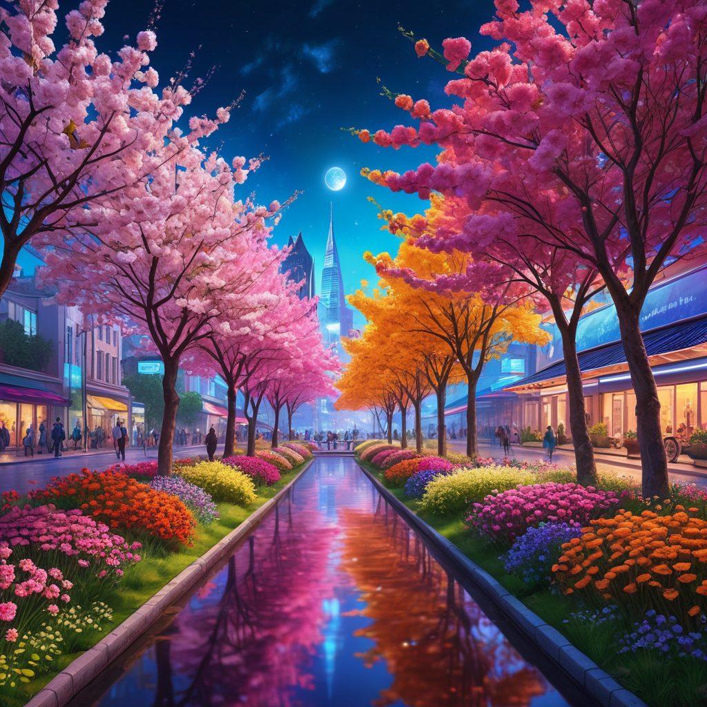 A serene digital landscape showcasing a futuristic city with people joyfully interacting with technology, such as VR headsets and wellness apps. Include blooming trees and colorful flowers symbolizing mental well-being, while soft glowing lights illuminate the scene. Capture a sense of harmony between nature and technology. vibrant colors. super-realistic.
